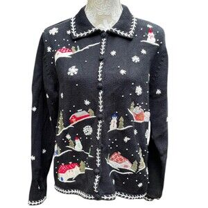 Vtg Erika Cardigan Sweater Sz Petite L Snowy Village Scene Xmas Winter Holiday